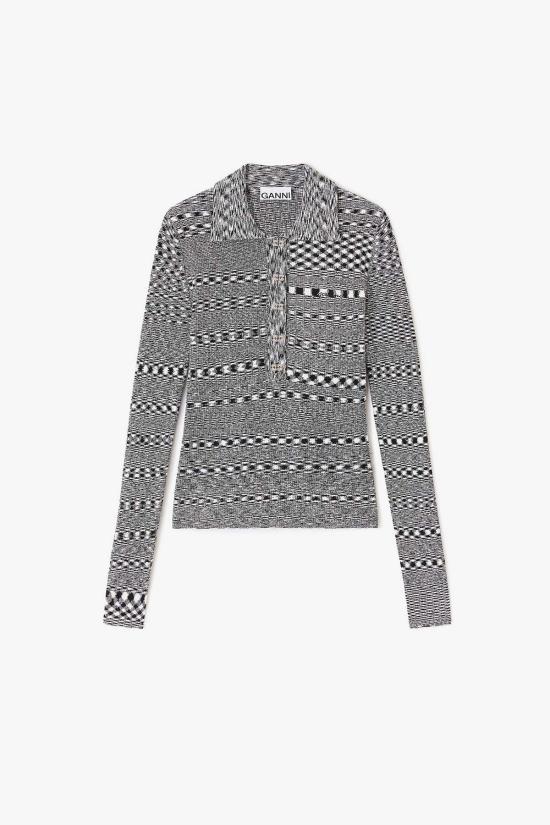  가니 반팔 티셔츠 스트라이프 니트 폴로 셔츠 블랙 - GANNI