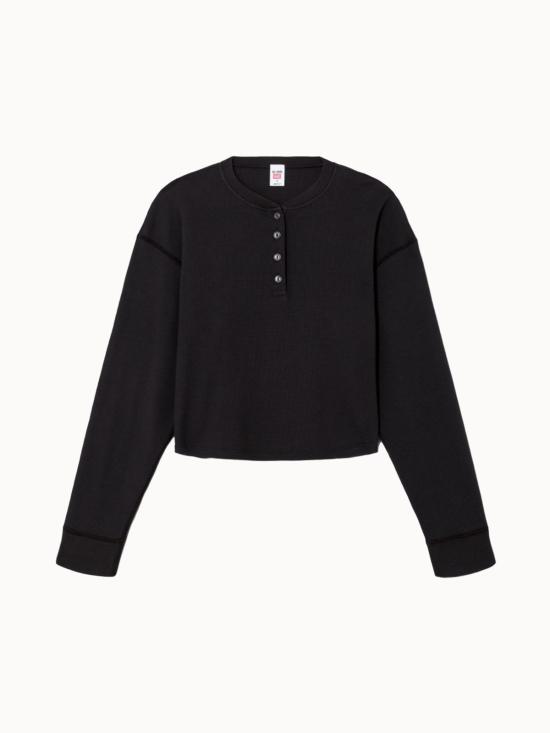  리던 긴팔 티셔츠 와플 박시 헨리 블랙