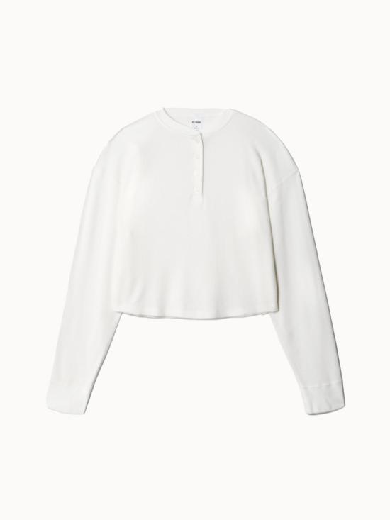  리던 긴팔 티셔츠 와플 박시 헨리 탑 오프 화이트