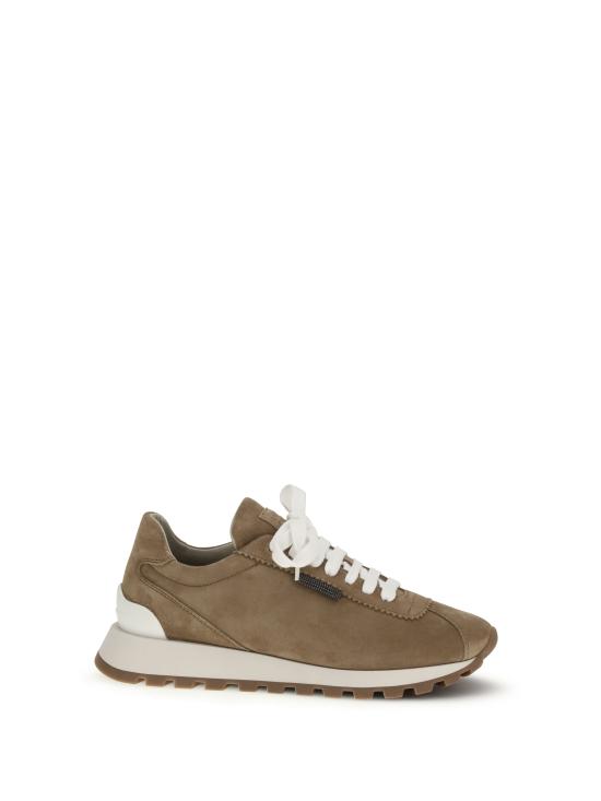 26SS 브루넬로 쿠치넬리 샤이니 탭 디테일 스웨이드 러닝 스니커즈 MZSFG2110 C2767 BEIGE