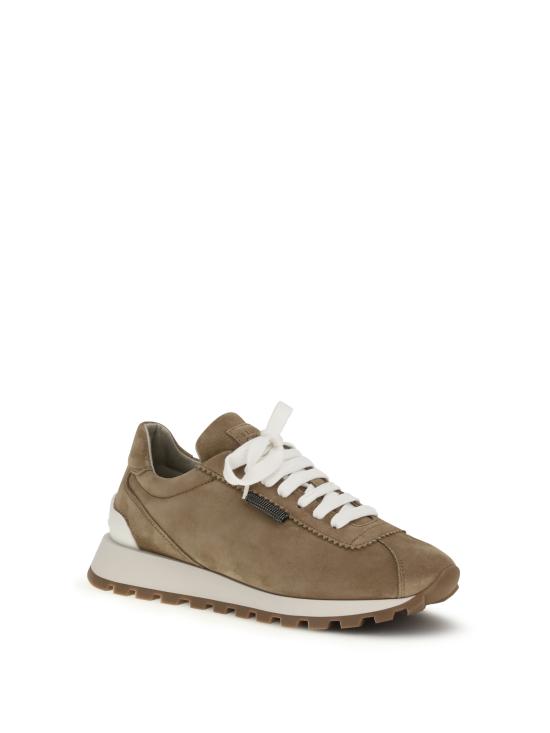 26SS 브루넬로 쿠치넬리 샤이니 탭 디테일 스웨이드 러닝 스니커즈 MZSFG2110 C2767 BEIGE - BRUNELLO CUCINELLI