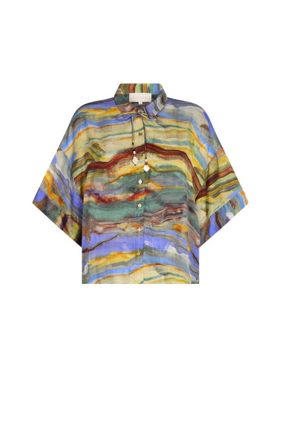  캐롤리나 케이 블라우스 캐롤라이나 K 기모노 탑 에메랄드 마블 - CAROLINA K