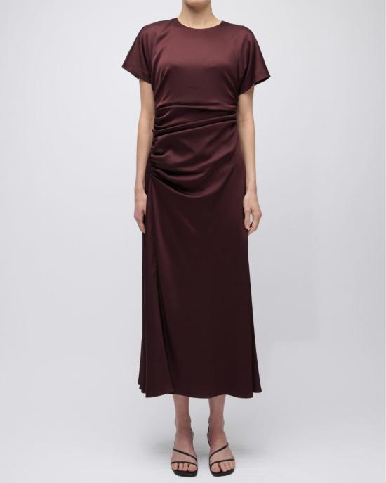  조나단 심카이 미디 원피스 Jonathan Simkhai Marabella 드레이프 새틴 미디 드레스 마호가니