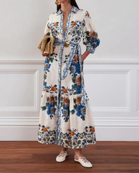  보르고 드 노르 롱 원피스 비앙카 리넨 드레스 매지컬 블라썸 크림 - BORGO DE NOR