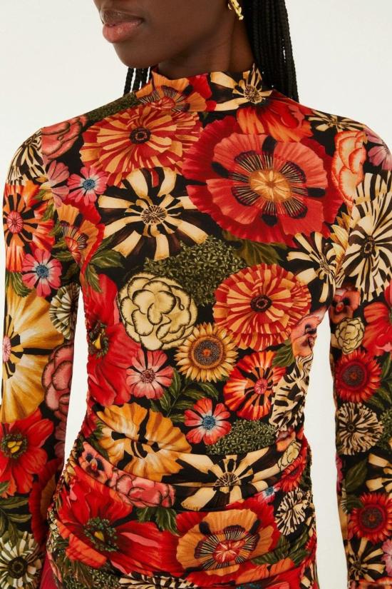  팜 리오 긴팔 티셔츠 블랙 플라워샵 러치드 웨이스트 저지 탑 - FARM RIO