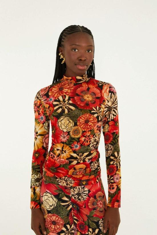  팜 리오 긴팔 티셔츠 블랙 플라워샵 러치드 웨이스트 저지 탑 - FARM RIO