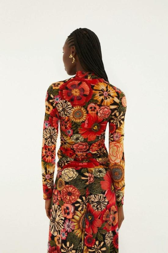  팜 리오 긴팔 티셔츠 블랙 플라워샵 러치드 웨이스트 저지 탑 - FARM RIO