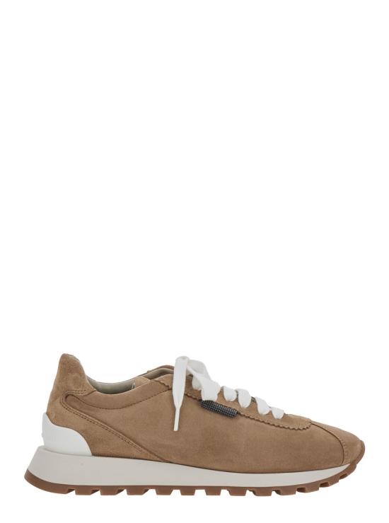 26SS 브루넬로 쿠치넬리 샤이니 탭 디테일 스웨이드 러닝 스니커즈 MZSFG2110C2767 Brown