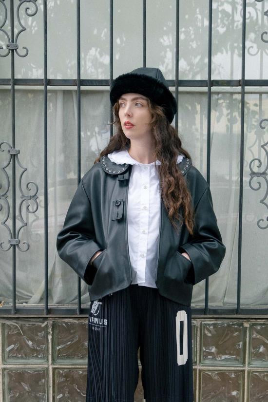  코울리 스튜디오 비니 콜리 스튜디오 가죽 뒷면 스트레이트 헤어 양가죽 캡 - CAWLEY STUDIO