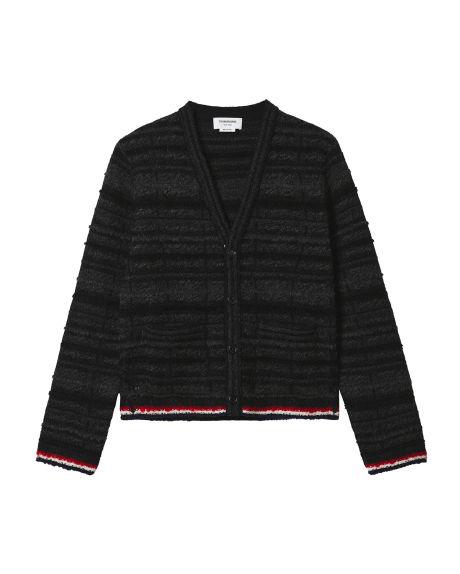 26SS 톰브라운 타탄 체크 인레이 자카드 크루넥 메리노울 & 모헤어 가디건 자켓 FKJ118A Y9040 001 BLACK DOM