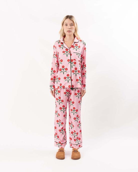  케이티 키메 라운지 웨어 Katie Kime Poinsettias 긴팔 잠옷 세트 핑크