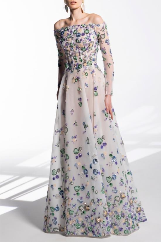  사이드 코베이시 롱 원피스 오프숄더 슬리브의 얇은 명주 비즈 드레스 - SAIID KOBEISY