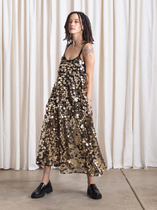  알리 골든 숏 원피스 풀 헴 드레스 블랙 플라워 시퀸 - ALI GOLDEN