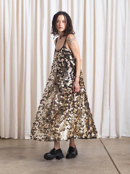  알리 골든 숏 원피스 풀 헴 드레스 블랙 플라워 시퀸 - ALI GOLDEN