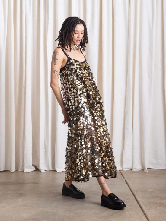  알리 골든 숏 원피스 풀 헴 드레스 블랙 플라워 시퀸 - ALI GOLDEN