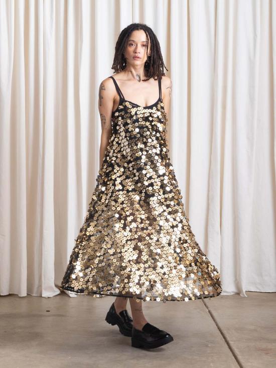  알리 골든 숏 원피스 풀 헴 드레스 블랙 플라워 시퀸 - ALI GOLDEN