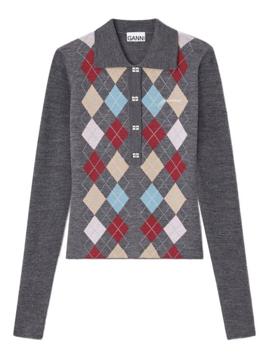 25FW 가니 아가일 니트 폴로 가디건 K2601 920 Black