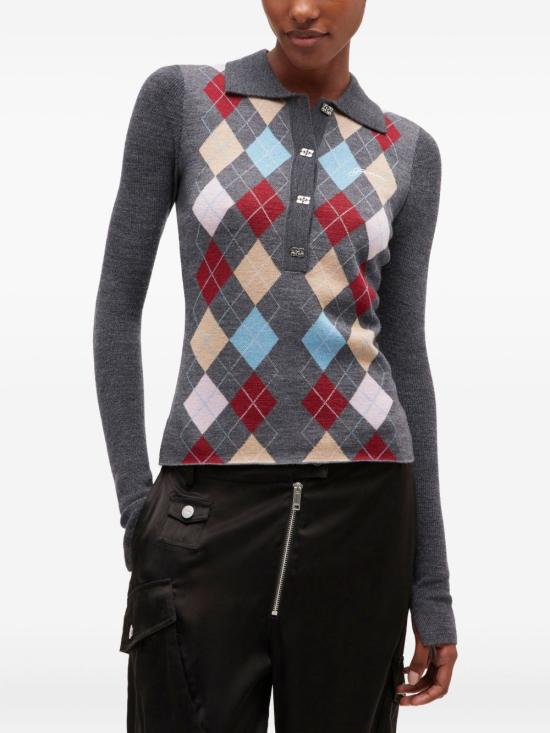 25FW 가니 아가일 니트 폴로 가디건 K2601 920 Black - GANNI