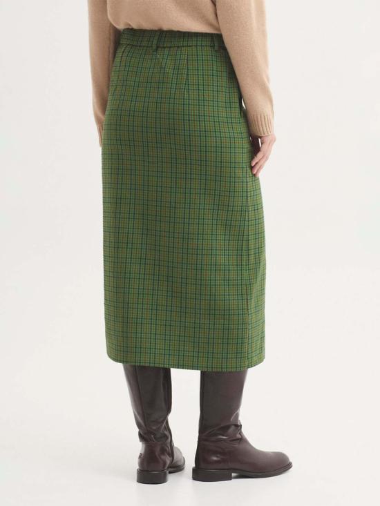  나이스 띵스 미디 스커트 주름 효과 체크 스커트 카키 - NICE THINGS