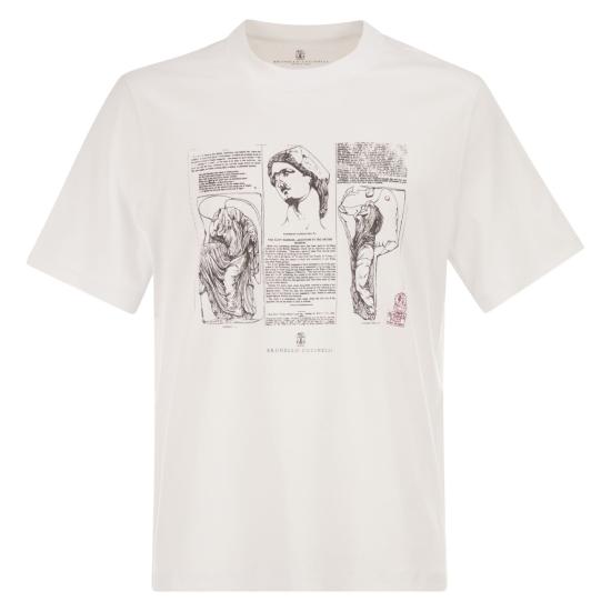 26SS 브루넬로 쿠치넬리 크루넥 프린트 코튼 저지 티셔츠 M0B138517 WHITE