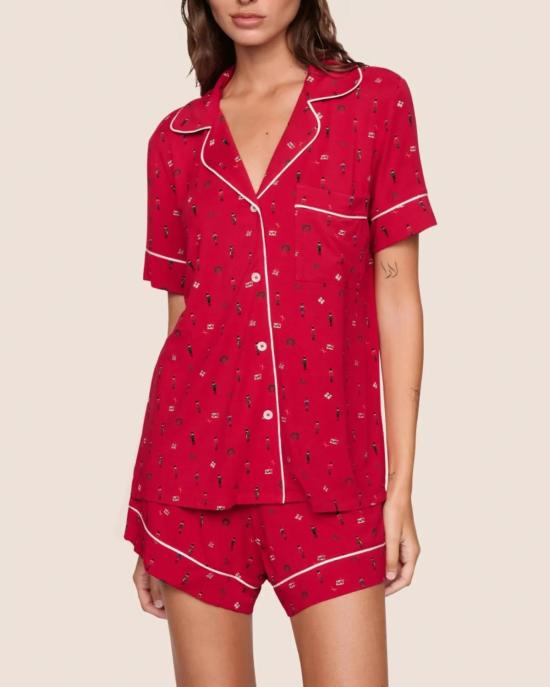  에버제이 라운지 웨어 지젤 프린트 릴랙스 반바지 잠옷 세트 호두까기 인형 홀리 레드/아이보리