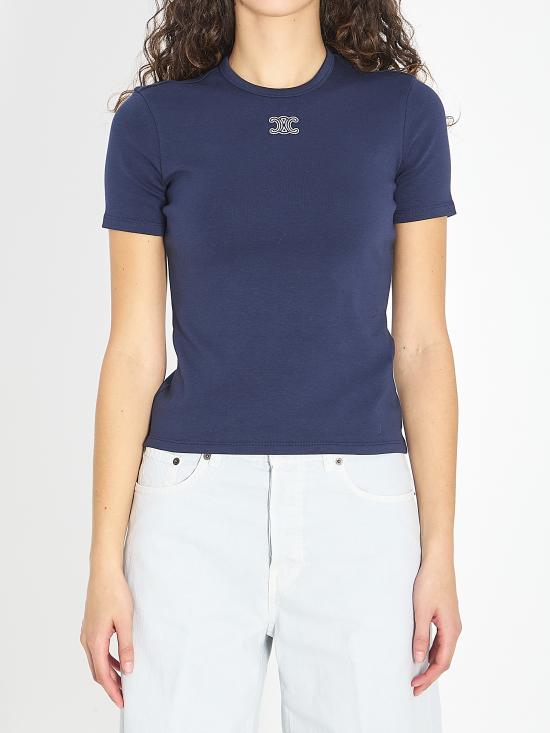 26SS 셀린느 리브드 코튼 저지 트리오프 반팔 티셔츠 RX0IX1407 07OW BLUE