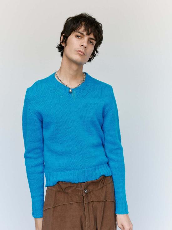  세실 툴켄스 스웨터 셰틀랜드 수제 와이드 V넥  페트롤