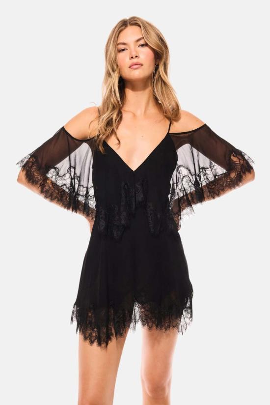  러브쉐이크팬시 숏 원피스 러브쉑 팬시 셀룬 실크 레이스 트리밍 미니 드레스 블랙