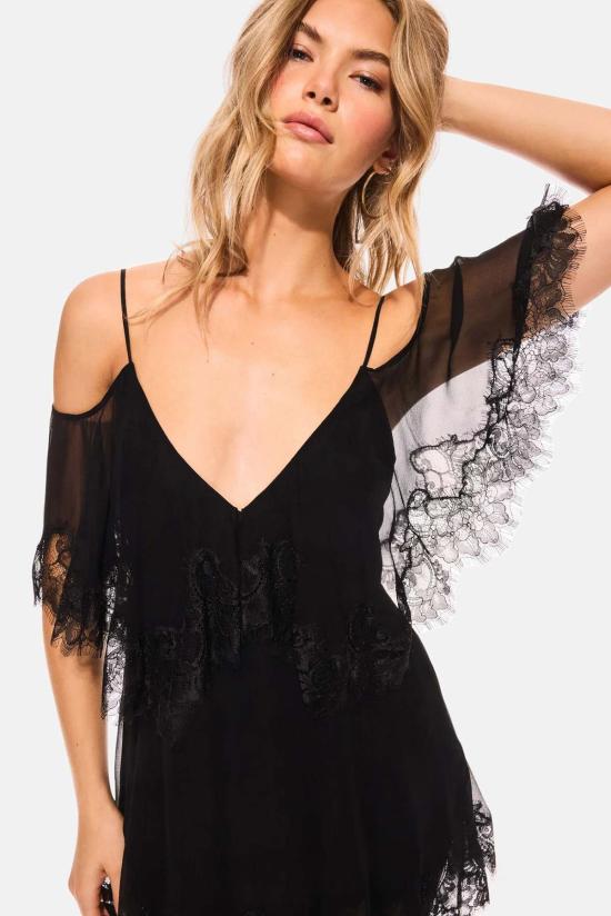  러브쉐이크팬시 숏 원피스 러브쉑 팬시 셀룬 실크 레이스 트리밍 미니 드레스 블랙 - LOVESHACKFANCY