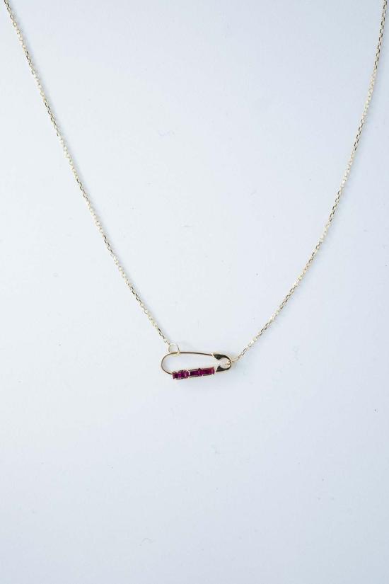  로렌 스튜어트 목걸이/팬던트 바게트 안전핀 목걸이 (14k 골드 & 루비) - LOREN STEWART