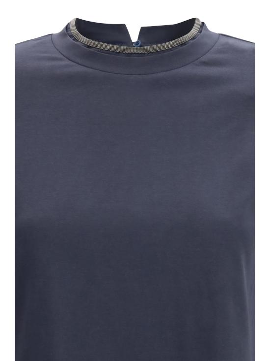 26SS 브루넬로 쿠치넬리 콘트라스트 트림 코튼 티셔츠 M0T18BD200 C4224 BLUE - BRUNELLO CUCINELLI