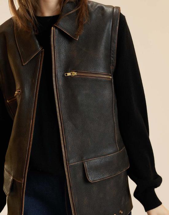  신시아 로리 가죽 자켓 신시아 로울리 위노나 가죽 오버사이즈 재킷 브라운 - CYNTHIA ROWLEY