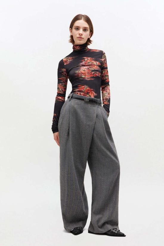  가니 스트레이트 팬츠 브러시드 울 스트라이프 크로스오버 팬츠 퓨터 - GANNI