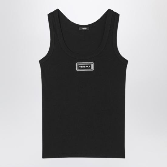 26SS 베르사체 로고 패피 리브드 스트레치 코튼 탱크탑 10232101A17222 Black