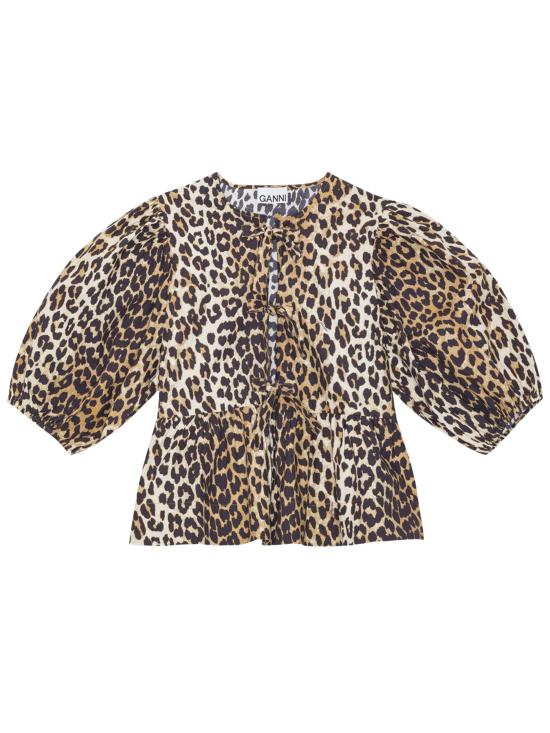 26SS 가니 레오파드 코튼 포플린 페플럼 타이 블라우스 F9116 943 MultiColour