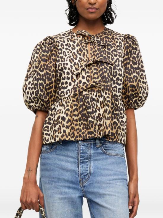 26SS 가니 레오파드 코튼 포플린 페플럼 타이 블라우스 F9116 943 MultiColour - GANNI