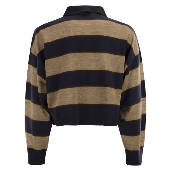 26SS 브루넬로 쿠치넬리 스파클링 스트라이프 크롭 니트 폴로 M16221605 BEIGE BLUE - BRUNELLO CUCINELLI