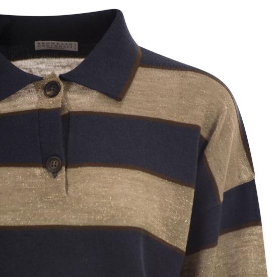 26SS 브루넬로 쿠치넬리 스파클링 스트라이프 크롭 니트 폴로 M16221605 BEIGE BLUE - BRUNELLO CUCINELLI
