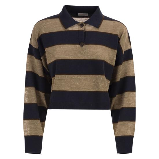 26SS 브루넬로 쿠치넬리 스파클링 스트라이프 크롭 니트 폴로 M16221605 BEIGE BLUE