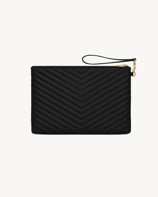  생로랑 퀼티드 레더 골드 모노그램 카산드라 마틀라세 태블릿 파우치 559193CWU01 1000 BLACK - SAINT LAURENT