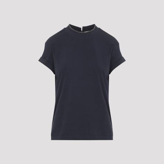 26SS 브루넬로 쿠치넬리 콘트라스트 트림 코튼 티셔츠 M0T18BD200C4224 BLUE - BRUNELLO CUCINELLI