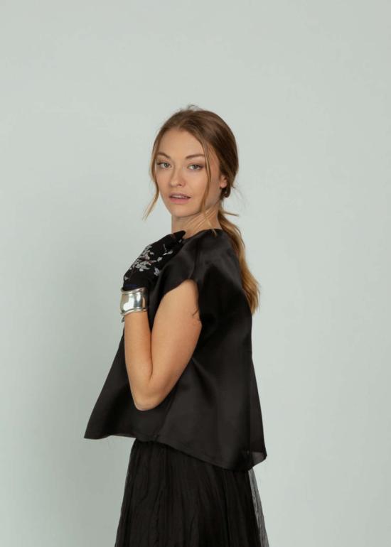  Louiza Babouryan 블라우스 루이자 바부리안 새틴 오간자 탑 (리본 장식, 블랙) - OTHER BRANDS