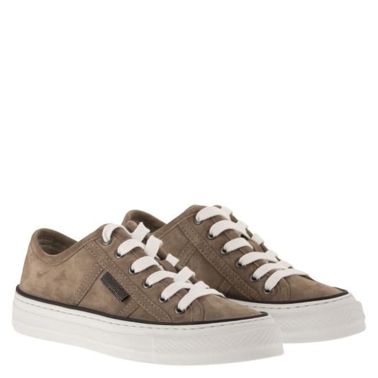 26SS 브루넬로 쿠치넬리 샤이니 탭 스웨이드 스니커즈 MZSFG3221 LIGHT BROWN - BRUNELLO CUCINELLI