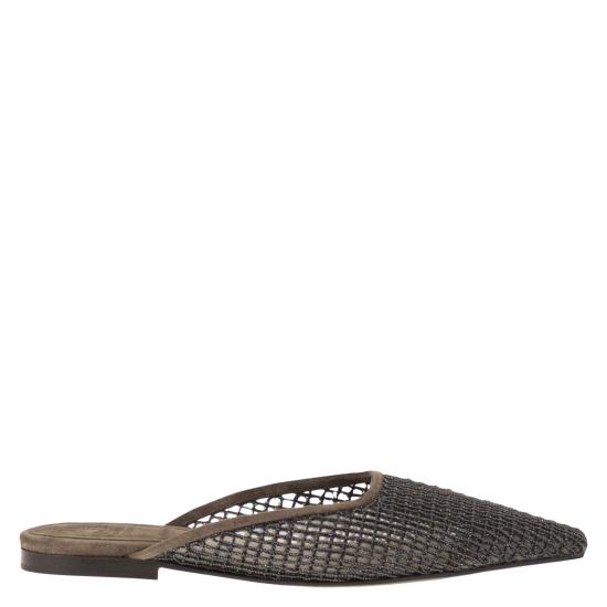 26SS 브루넬로 쿠치넬리 스웨이드 프레셔스 네트 자수 플랫 슈즈 MZSFC3177 BROWN