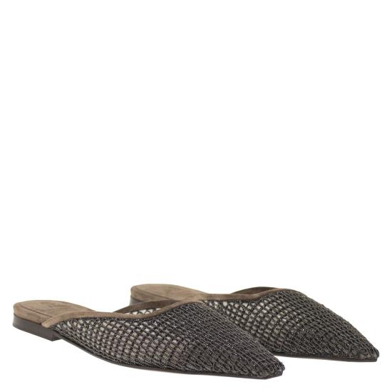 26SS 브루넬로 쿠치넬리 스웨이드 프레셔스 네트 자수 플랫 슈즈 MZSFC3177 BROWN - BRUNELLO CUCINELLI