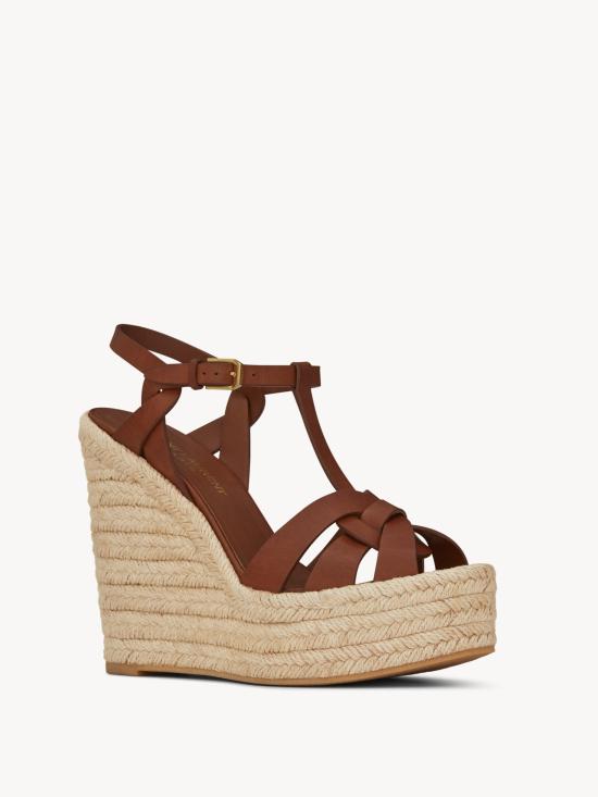 26SS 생로랑 트리뷰트 에스파드리유 웻지 스무스 레더 611924BDA00 2206 Brown - SAINT LAURENT