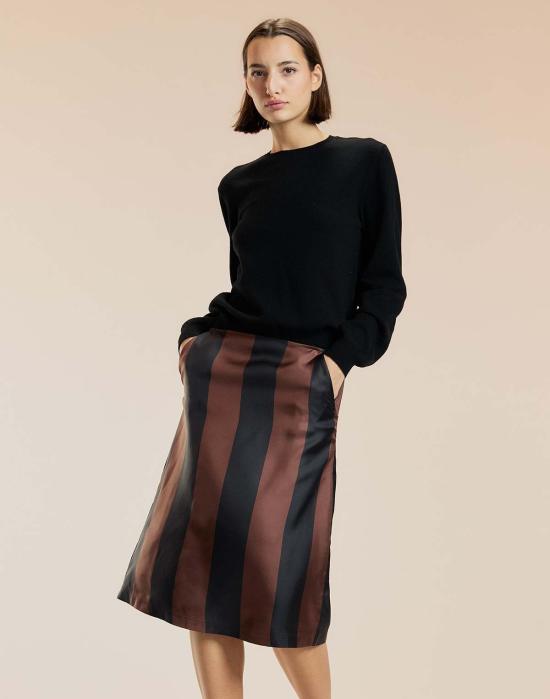  신시아 로리 미디 스커트 신시아 로울리 스트라이프 콜렉터블 실크 스커트 블랙/브라운 - CYNTHIA ROWLEY