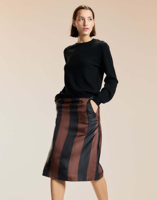  신시아 로리 미디 스커트 신시아 로울리 스트라이프 콜렉터블 실크 스커트 블랙/브라운 - CYNTHIA ROWLEY