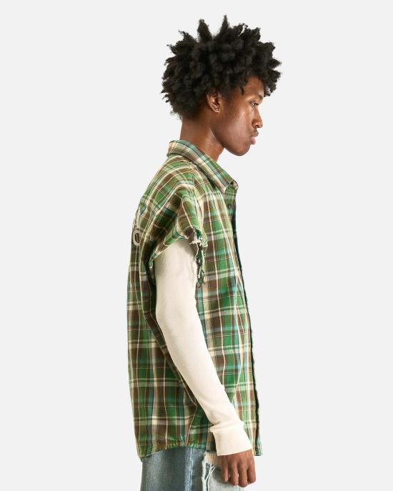  사토시 나카모토 반팔 셔츠 벤더 컷오프 플란넬 셔츠 그린 - SATOSHI NAKAMOTO