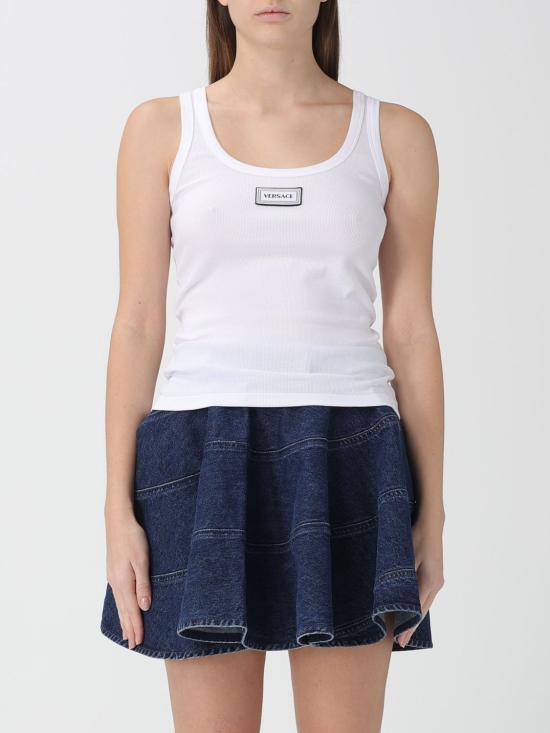 26SS 베르사체 로고 패피 리브드 스트레치 코튼 탱크탑 10232101A17222 1W000 White